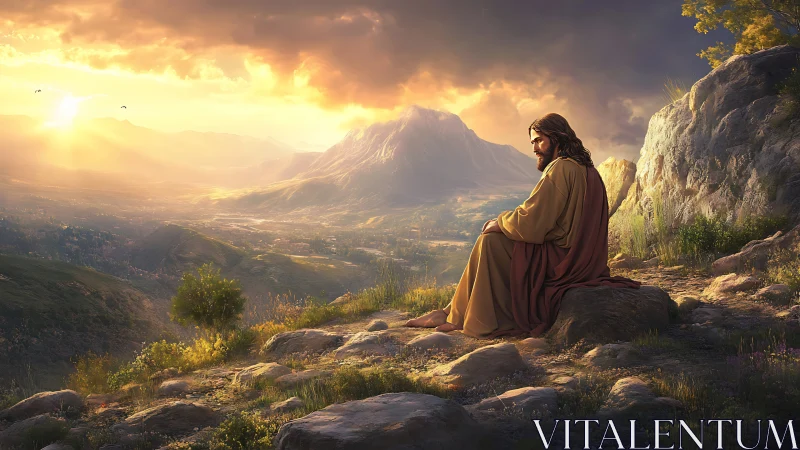 Digital painting of robed figure in contemplative mountain sunrise scene.