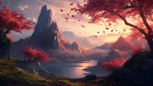 Sunlit crimson valley surrounds misty river and spires