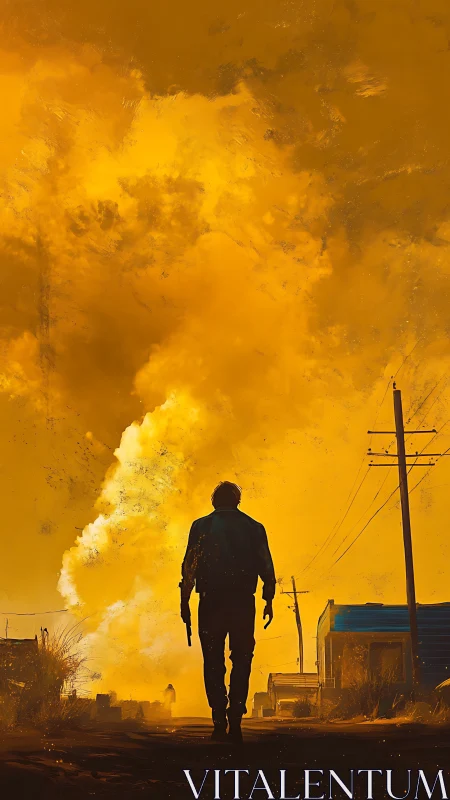 Backlit gunslinger against volumetric explosion plume field.