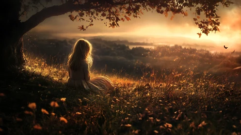 Girl sits under tree watching glowing sunset hillside.