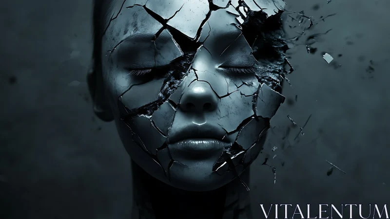 Fragmented metallic visage with shattering facial shell in focus.