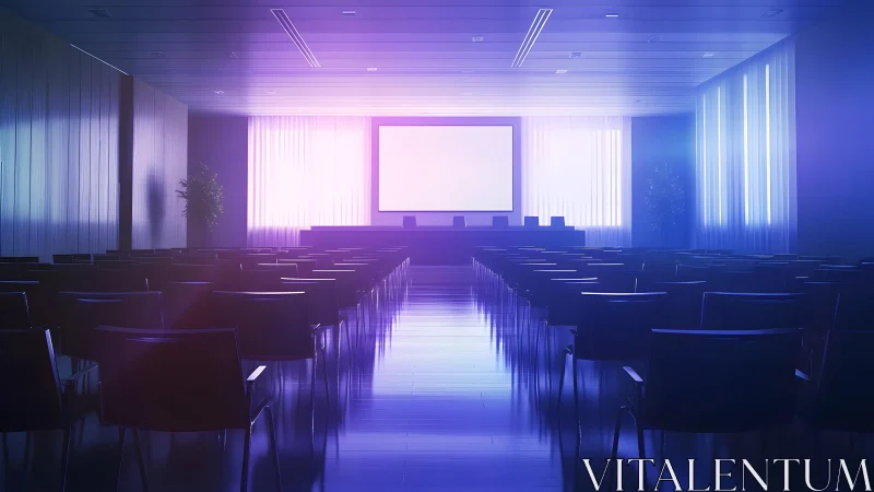 Modern empty conference room with glowing purple lighting.