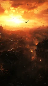 Burning city skyline glows under intense apocalyptic sunset