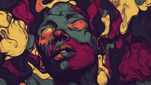 Surging colors gently reshape a dreaming human face