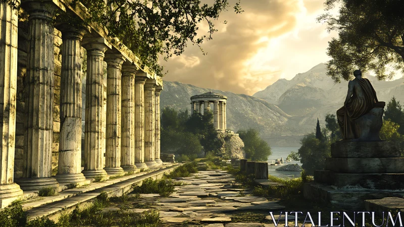 Sunlit ancient colonnade leads to a serene temple by water