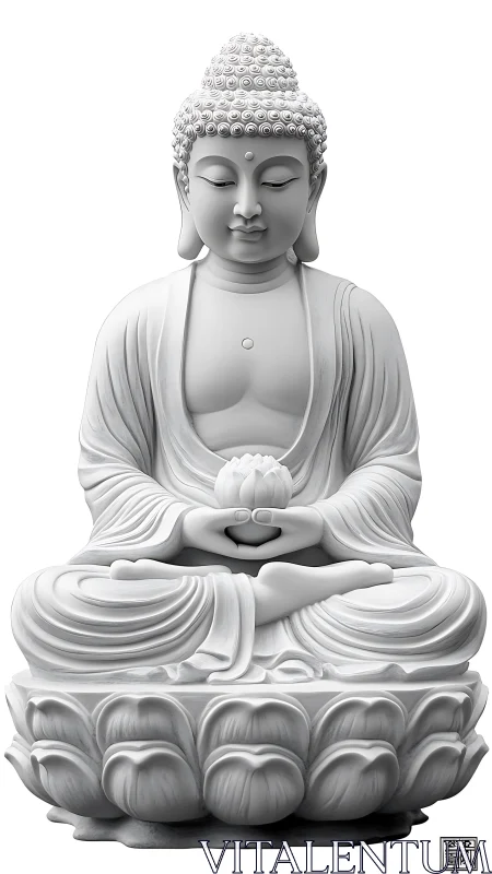White Buddha sculpture in lotus posture on pedestal.