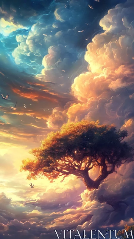 Lone celestial tree rises through radiant dreamlike clouds