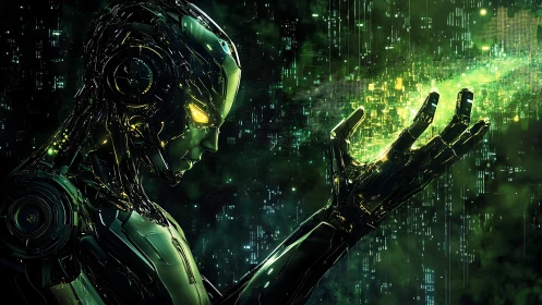 Neon-souled android conjures glowing data from the void.
