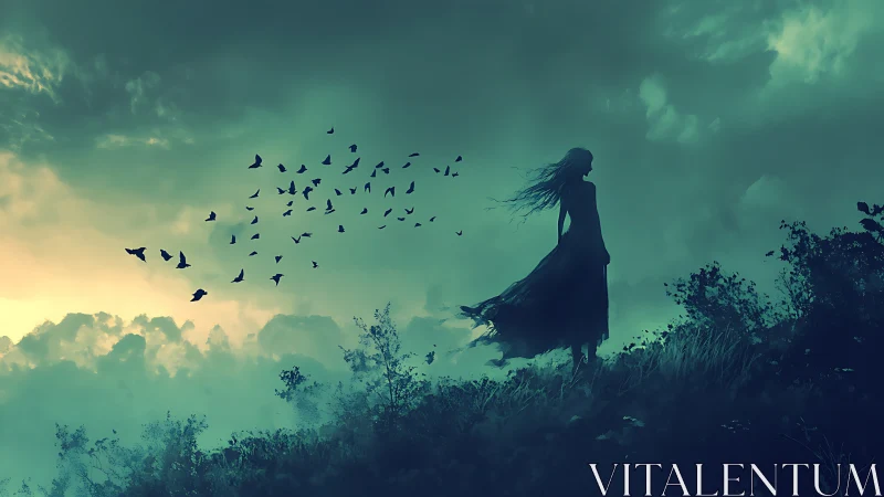 Silhouetted figure observes flock of birds under stormy sky