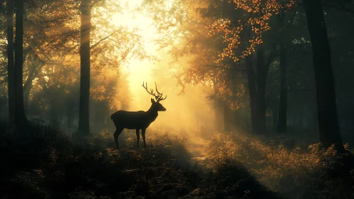 Majestic Deer Silhouette in Sunlit Autumn Forest, Cinematic Style.