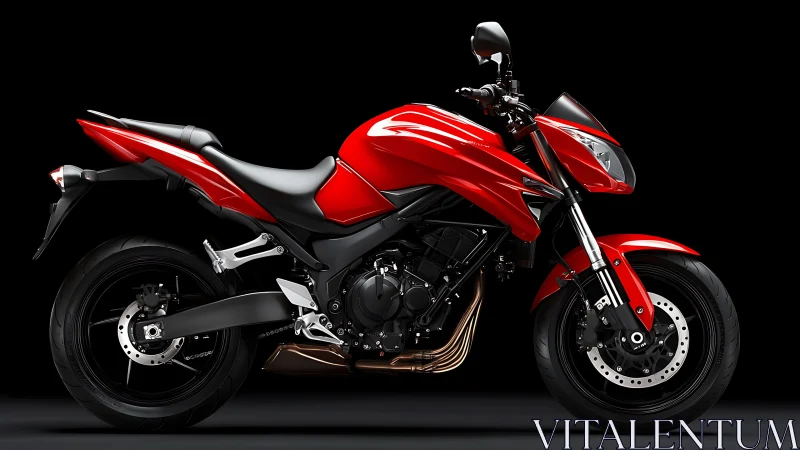 Red sport motorcycle stands in profile on black studio background