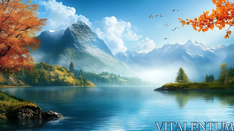 Sunlit alpine lake reflects autumn trees and misty peaks