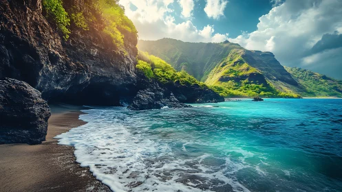 Volcanic Coastal Cavern: Turquoise Waters Meet Verdant Cliffs.
