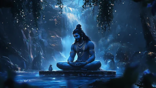 Serene blue deity meditates beneath a glowing jungle waterfall