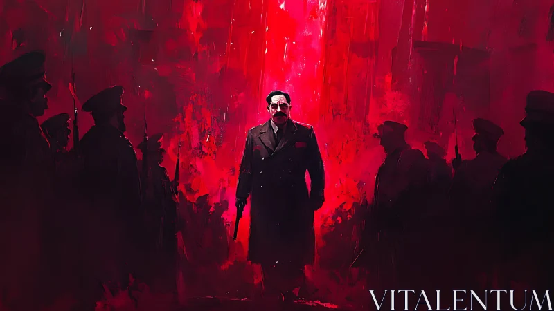 Commanding officer amid crimson inferno of soldiers.