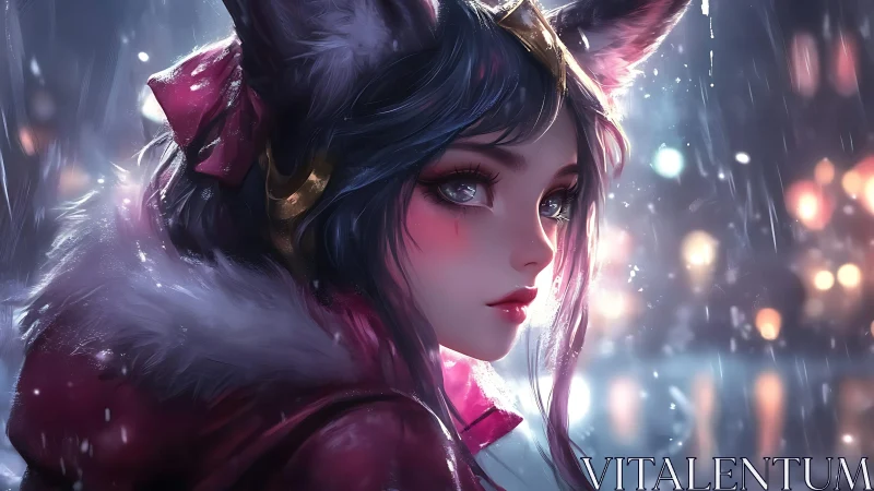 Fox-eared anime girl in winter city rain at night.