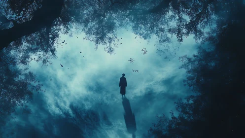 Solitary silhouetted figure in misted forest clearing at dusk