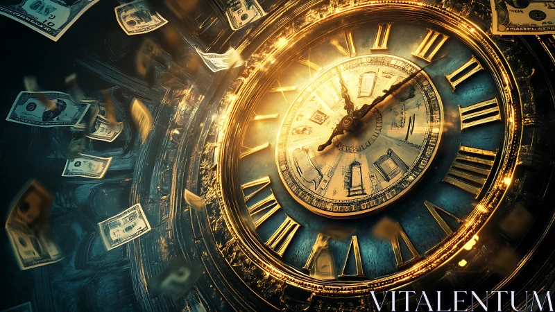 Golden clock face with flying money in dynamic motion.