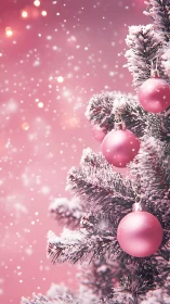 Pink ornaments on snowy Christmas tree against soft bokeh.