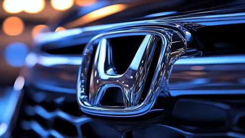 Close view shows chrome vehicle badge with reflective lighting