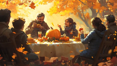Golden leaves circle laughter around a glowing autumn feast