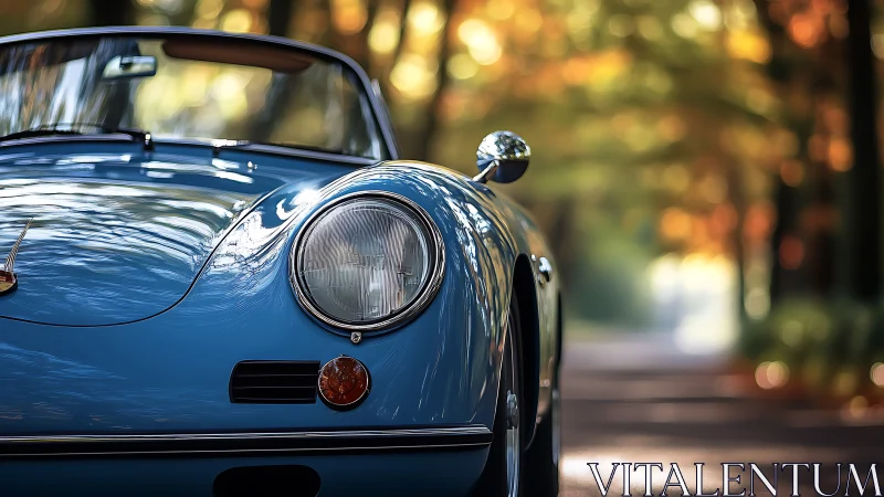 Classic blue roadster rendered with shallow depth of field