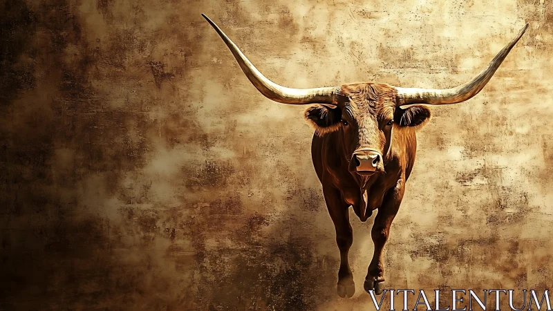 Longhorn bull portrait against distressed golden wall.