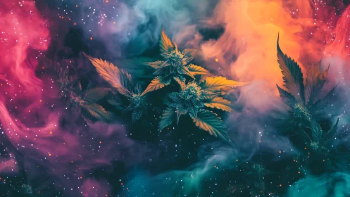 Cannabis inflorescences float in chromatic nebula haze