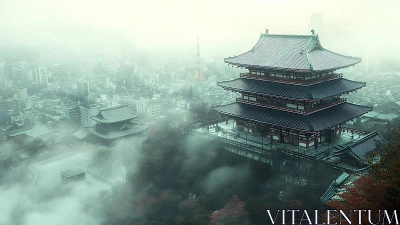 Tiered pagoda structure stands above dense urban fog layer