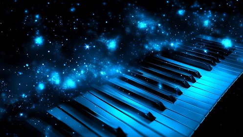 Starbound piano keys drifting through a glowing cosmic sonata.