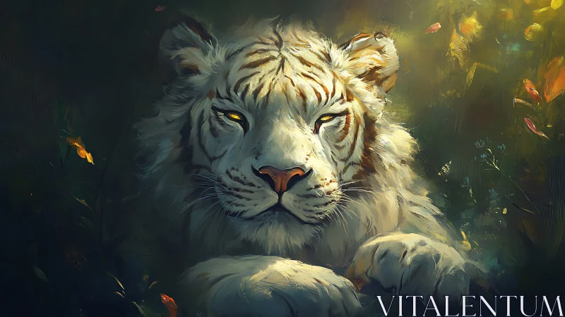 White tiger rests in dense, painterly jungle lighting