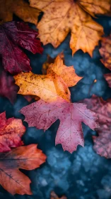 Crimson and amber leaves quietly orbit a frosted blue void