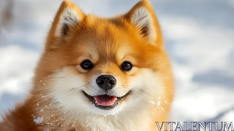 Fluffy Pomeranian portrait against bright winter snowfield.