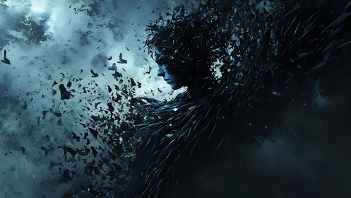 Shattered humanoid silhouette dissolving into storm fragments.