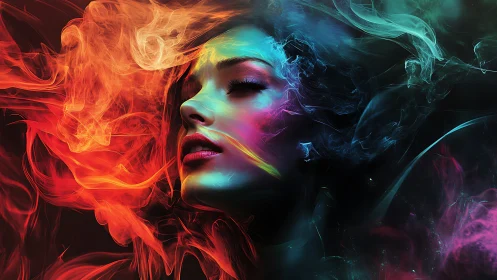 Digital portrait depicts face enveloped in colored smoke