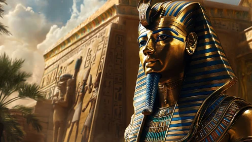 Golden pharaoh statue before detailed ancient temple wall.