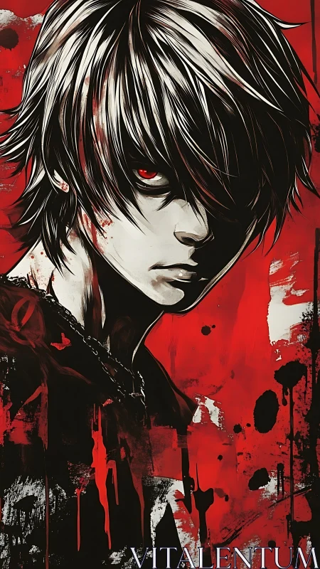 Brooding anime antihero framed by splattered crimson void.