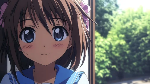 Soft-lit anime schoolgirl by window with summer greenery.