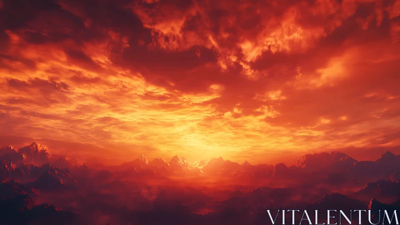 Fiery digital sunrise ignites a dramatic alien mountain range