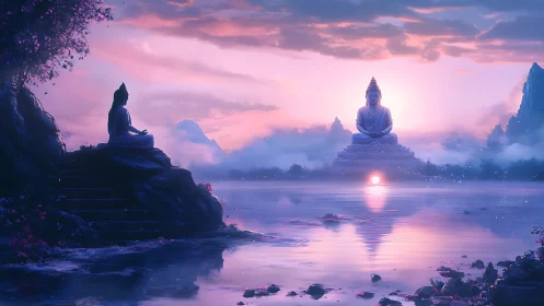 Buddha statues over misty lake at twilight sunrise scene.
