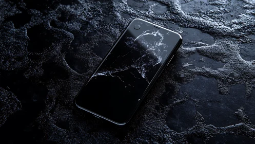 Water resistant smartphone on wet textured surface in low key