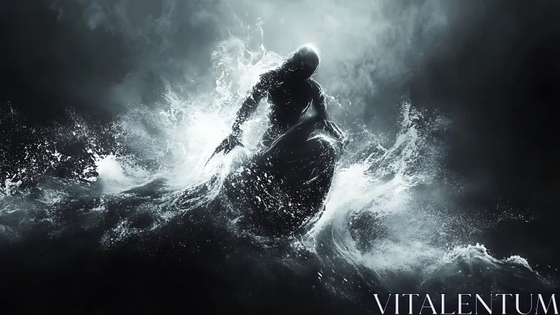 Stormborn silhouette riding a tidal crown of ghostlight.