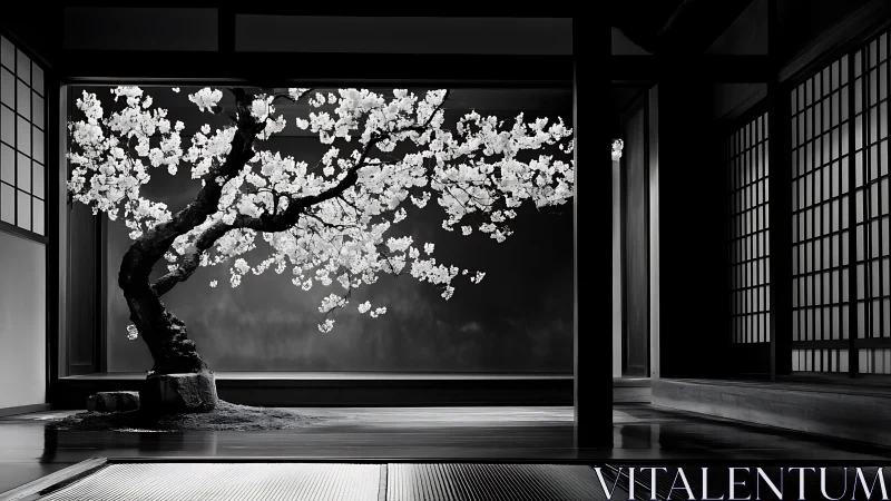 Monochrome shoji-framed cherry tree under controlled studio light.