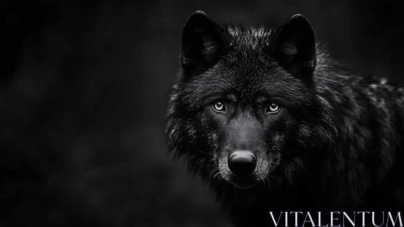 Photorealistic low‑key portrait of black wolf in chiaroscuro.
