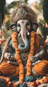 Highly detailed Ganesha idol with ornate crown and marigold garlands