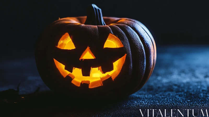 Glowing jack-o’-lantern smiles in the Halloween darkness.