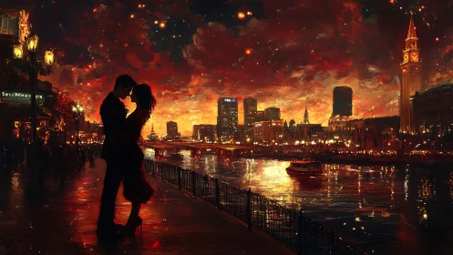 Silhouetted Romance Over Illuminated Thames Nightscape with Fiery Sky.