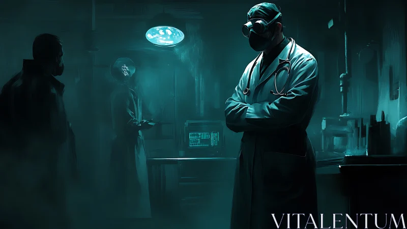 Surgeon in eerie teal lab stands amid shadowed observers.