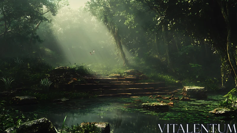 Mystical Forest Stream: Luminous Woodland Sanctuary with Cascading Light.