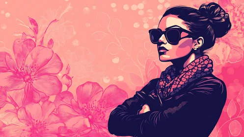 Stylish Woman in Sunglasses with Floral Art Background, Pop Art Style.